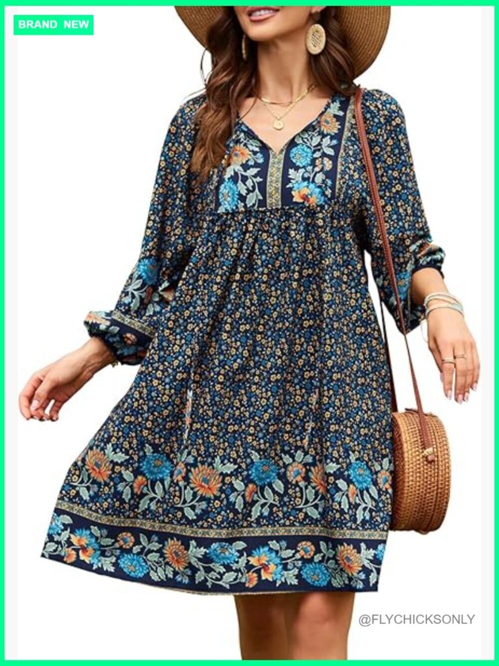 Rayon V Neck 3/4 Sleeve Boho Floral Printed Loose Summer Dress